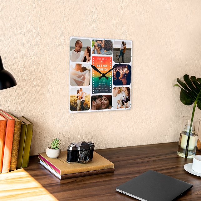 Sunset Foto Collage Mr. und Mrs. 1 Jubiläum Quadratische Wanduhr (Von Creator hochgeladen)