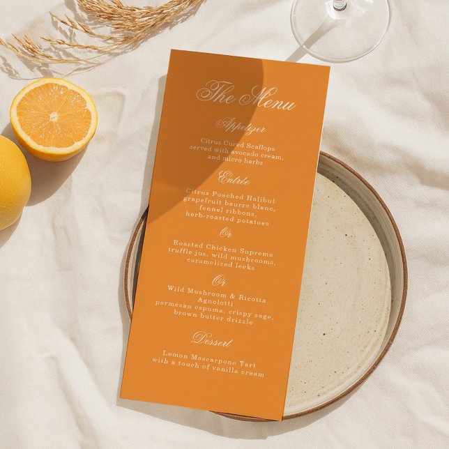 Sunset Glow Orange Script Wedding Menu Card Einladung (Von Creator hochgeladen)