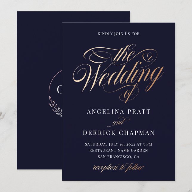 Sunset Gradient Deep Blue Gold Calligraphy Wedding Einladung (Vorne/Hinten)