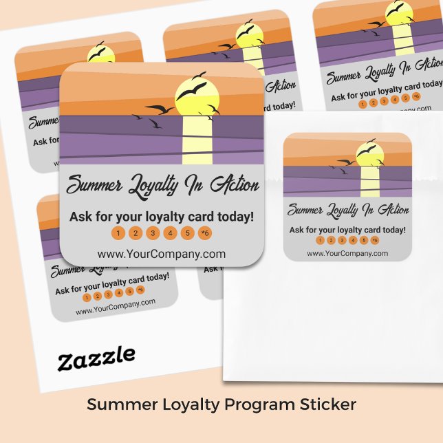 Sunset & Gray Template - Summer Loyalty Programm Quadratischer Aufkleber (Sunset & Gray Template – Summer Loyalty Program Square Sticker)