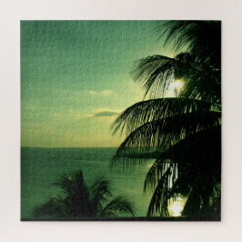 SunSet Green Blue Sky & Sea Silhouetted Palm Tree Puzzle