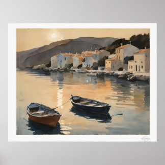 Sunset Harbor Reflection Oil Painting Art Print Poster