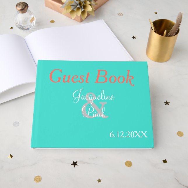 Sunset Hearts Turquoise Wedding Book Gästebuch (Vorderseite Offen)