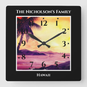 Sunset in Tropics Watercolor Painting Black Quadratische Wanduhr