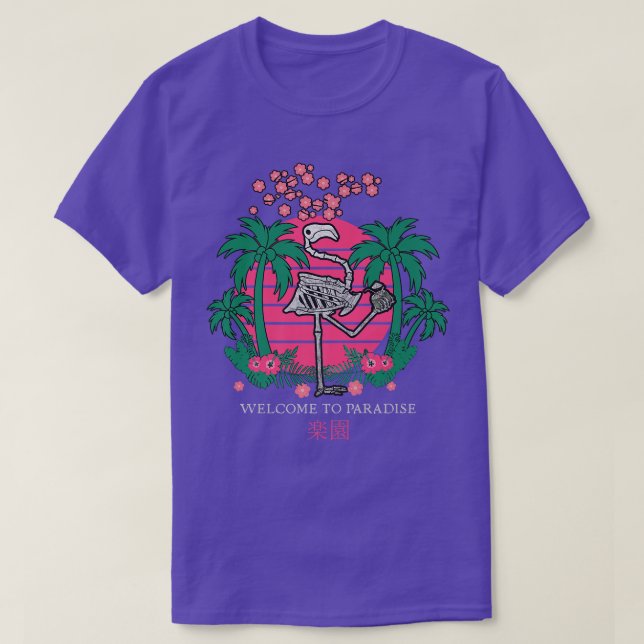 Sunset Japan Vaporwave Kanji Skeleton Flamingo Par T-Shirt (Design vorne)