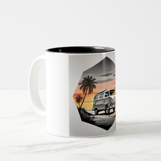 "Sunset Kombi Beach Mug - Coastal Adventure Cup" Zweifarbige Tasse (Vorderseite Links)