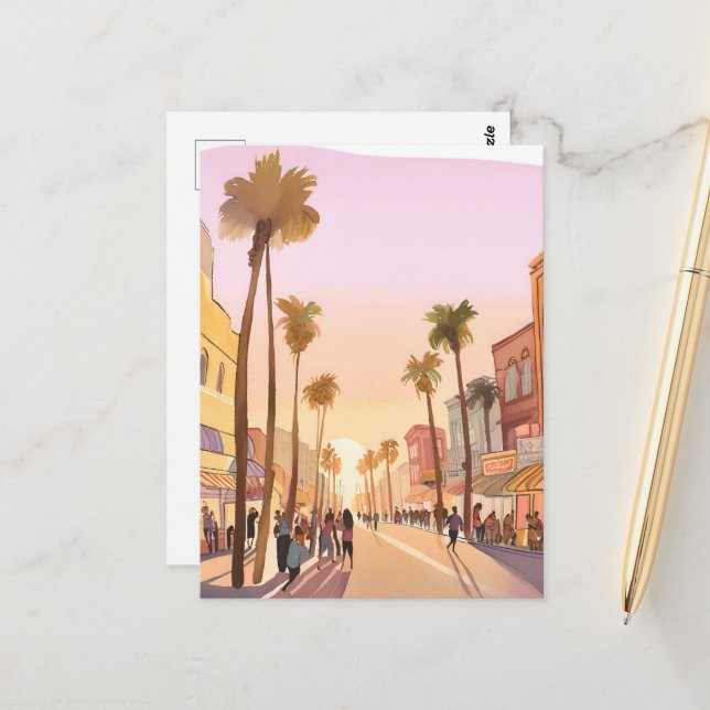 Sunset Küstenstadt | Palm Tree Coastal Postkarte (Vorderseite/Rückseite Beispiel)