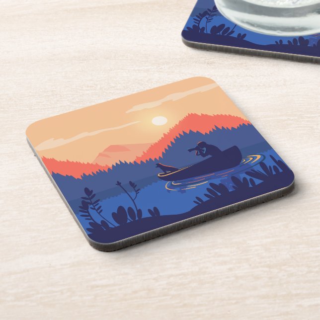 Sunset Lake Canoe Illustration Getränkeuntersetzer (Linke Seite)