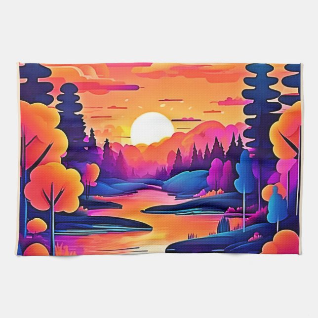 Sunset Lake Fantasy Art Geschirrtuch (Horizontal)