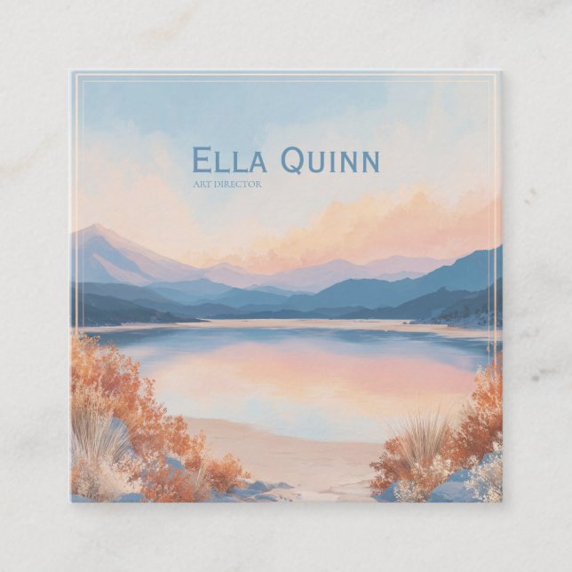 Sunset Lake Landscape Coral Pink Modern Quadratische Visitenkarte (Vorderseite)