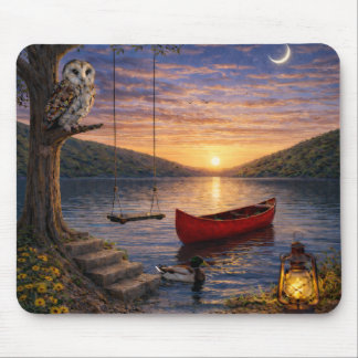 Sunset Lake Owl Canoe Mouse Pad Mousepad