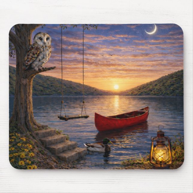 Sunset Lake Owl Canoe Mouse Pad Mousepad (Vorne)