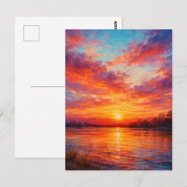 Sunset Lake - Pastell-Malstil-Kunst Postkarte (Vorne/Hinten)