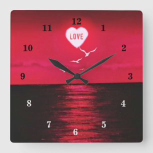 Sunset Liebe - Romantisch - Schwarz Rot - Personal Quadratische Wanduhr