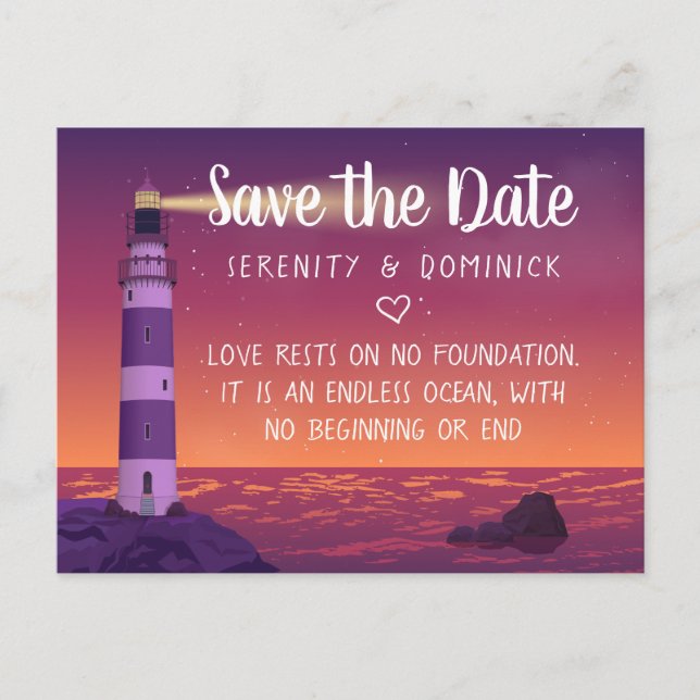 Sunset Lighthouse Nautical Wedding Save the Date Postkarte (Vorderseite)