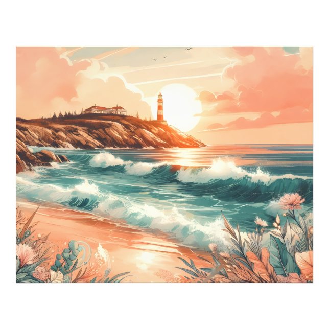 Sunset Lighthouse Ocean Beach Boho Floral Fotodruck (Vorne)