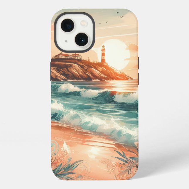 Sunset Lighthouse Ocean Beach Boho Floral iPhone Hülle (Rückseite)