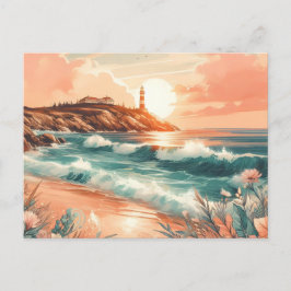 Sunset Lighthouse Ocean Beach Boho Floral Postkarte