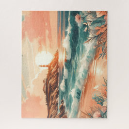 Sunset Lighthouse Ocean Beach Boho Floral Puzzle