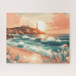 Sunset Lighthouse Ocean Beach Boho Floral Puzzle