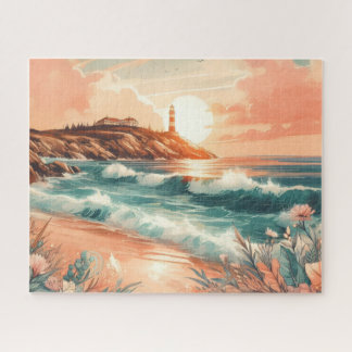 Sunset Lighthouse Ocean Beach Boho Floral Puzzle