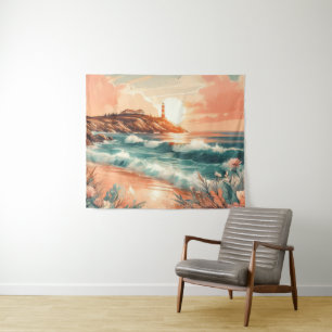 Sunset Lighthouse Ocean Beach Boho Floral Wandteppich