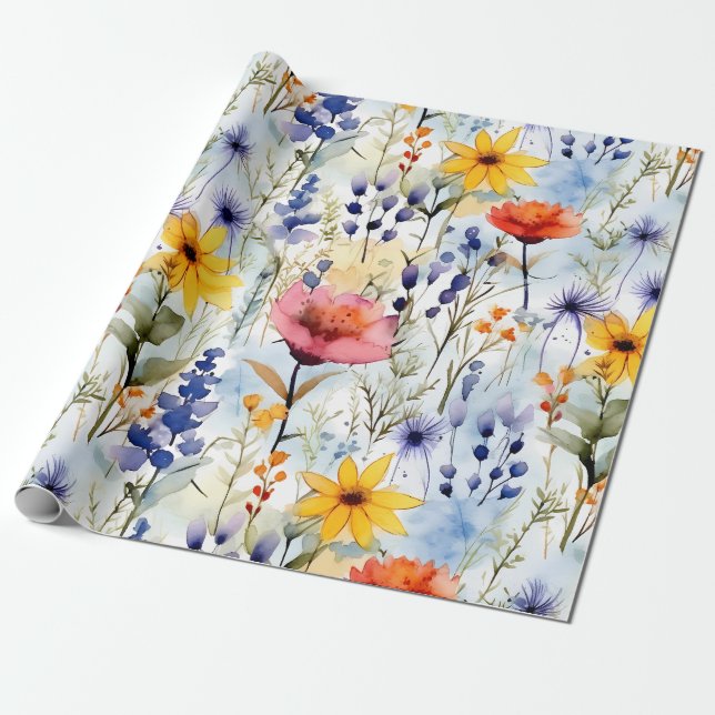 Sunset Meadow Watercolor Wildflower Pattern Geschenkpapier (Ungerollt)