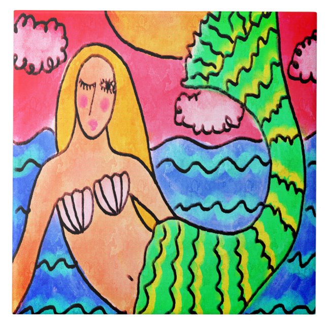 Sunset Mermaid Abstrakte digitale Malerei Fliese (Vorderseite)