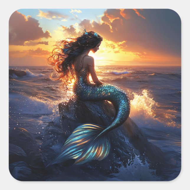 Sunset Mermaid Quadratischer Aufkleber (Vorderseite)