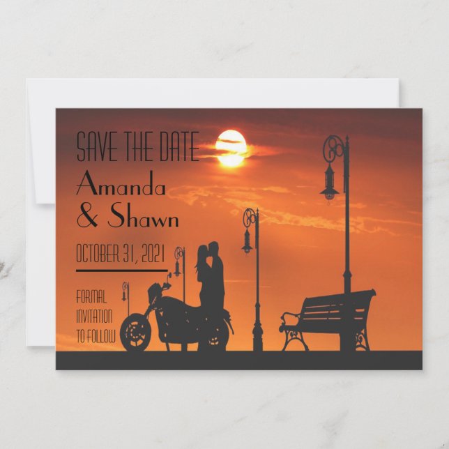 Sunset Motorrad Couple Save the Date Einladung (Vorderseite)