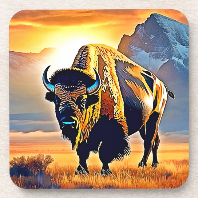 Sunset Mountain Bison Art Design Getränkeuntersetzer (Vorderseite)