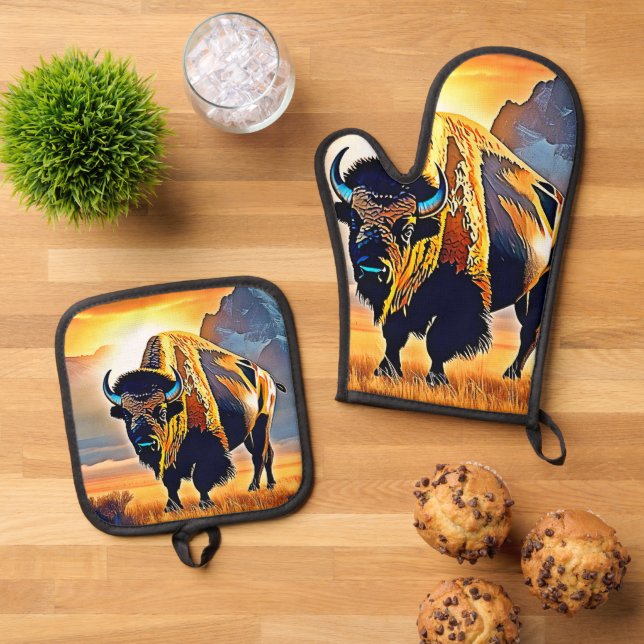 Sunset Mountain Bison Art Design Ofenhandschuh & Topflappen-Set (Oben Unten)