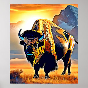Sunset Mountain Bison Art Design Poster