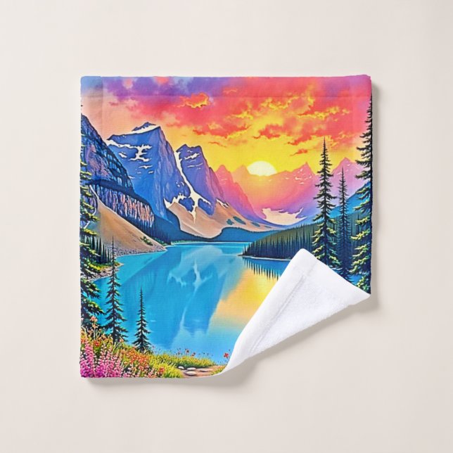 Sunset Mountain Lake Majestät Kunst Badhandtuch Set (Waschlappen)