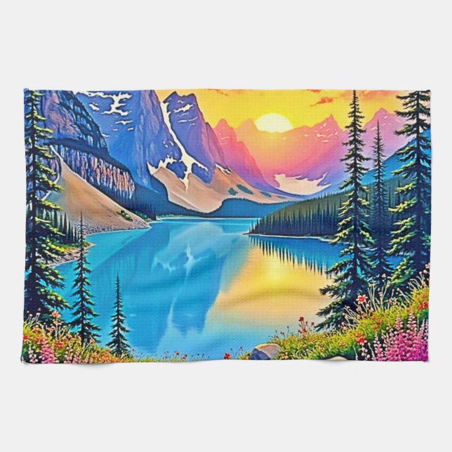 Sunset Mountain Lake Majestät Kunst Geschirrtuch (Horizontal)