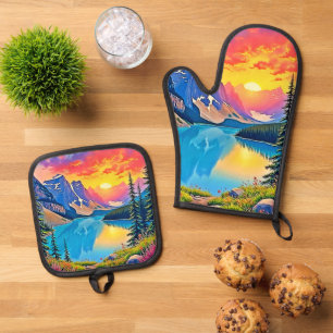 Sunset Mountain Lake Majestät Kunst Ofenhandschuh & Topflappen-Set