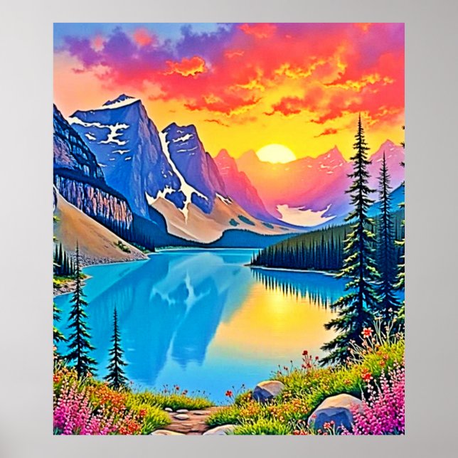 Sunset Mountain Lake Majestät Kunst Poster (Vorne)