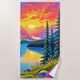 Sunset Mountain Lake Majestät Kunst Strandtuch