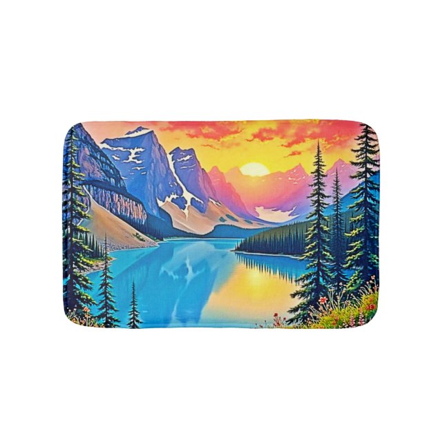 Sunset Mountain Lake Majesty Art Badematte (Vorderseite)