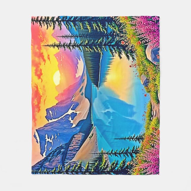 Sunset Mountain Lake Majesty Art Fleecedecke (Vorderseite)