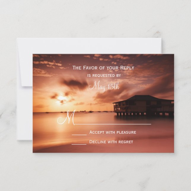 Sunset on Beach Harbour Marina Wedding RSVP Cards Karte (Vorderseite)