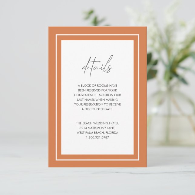 Sunset Orange Bold Border Moderne Hochzeit Begleitkarte (Stehend Vorderseite)