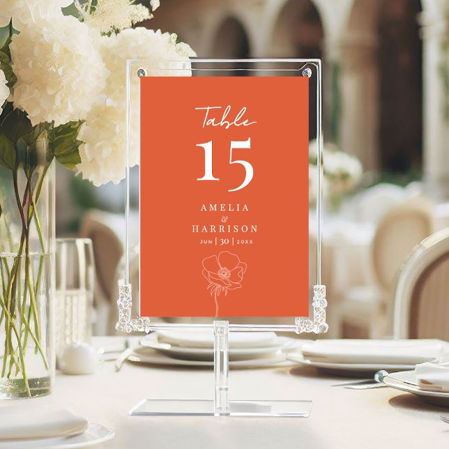 Sunset Orange Elegante Hochzeit 12x18 Tischnummer (Sunset Orange Wedding Reception Table Number with Couple Names, Date, Delicate Flowers.)