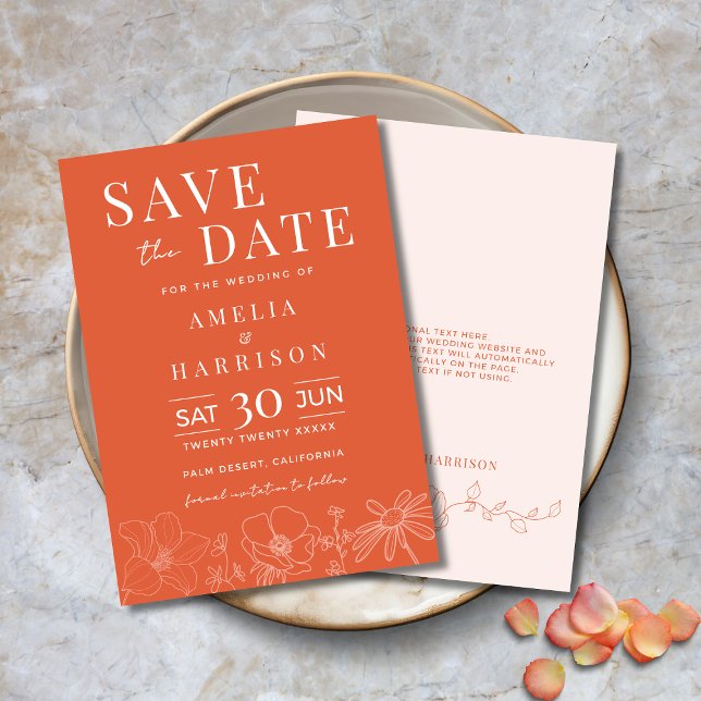 Sunset Orange Elegante Wedding Save The Date (Sunset Orange Elegant Wedding Save the Date Invitation with Modern Typography, Delicate Flowers)