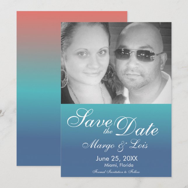 Sunset Orangle Aquamarin Gradient Save the Date Einladung (Vorne/Hinten)