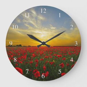 Sunset Over A Red Poppy Field Small Numbers Große Wanduhr