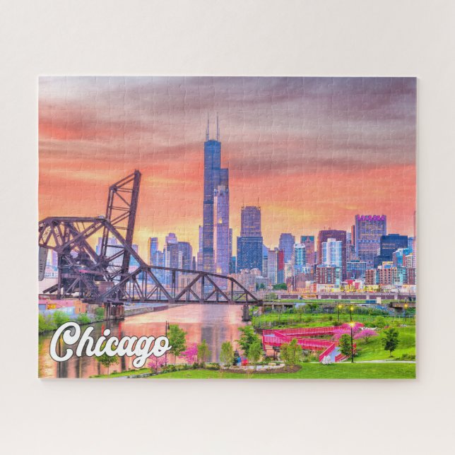 Sunset Over Chicago, Illinois, Vereinigte Staaten Puzzle (Horizontal)