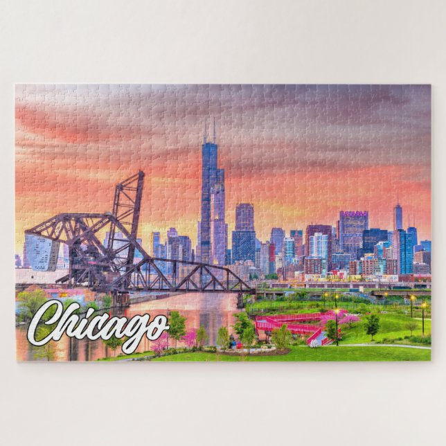 Sunset Over Chicago, Illinois, Vereinigte Staaten Puzzle (Horizontal)