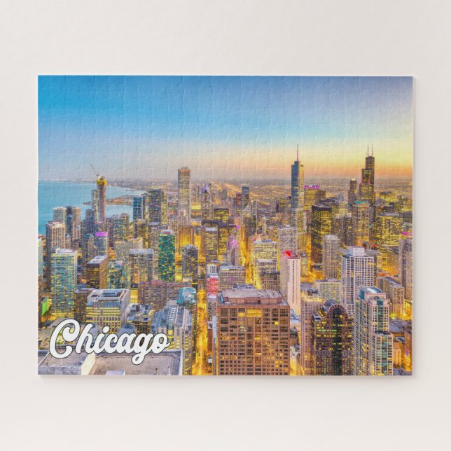 Sunset Over Chicago, Illinois, Vereinigte Staaten Puzzle (Horizontal)