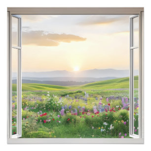 Sunset over Meadow Window View Fotodruck